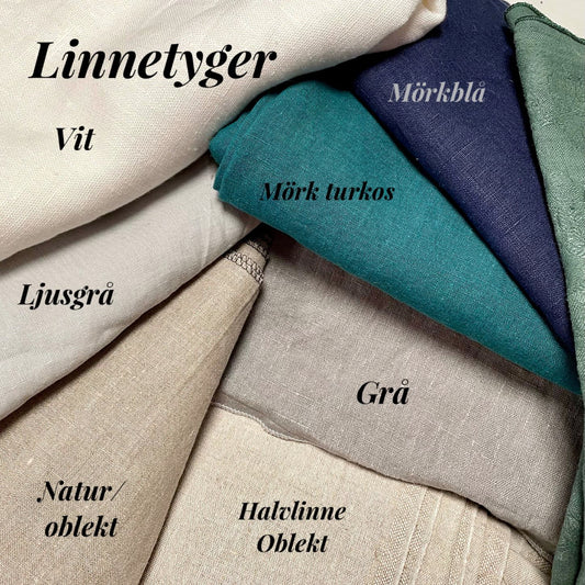Linnetyger till linneservetter, kökshanddukar och annat. Naturligt oblekta, vita, grå, mörk turkos och mörkblå.