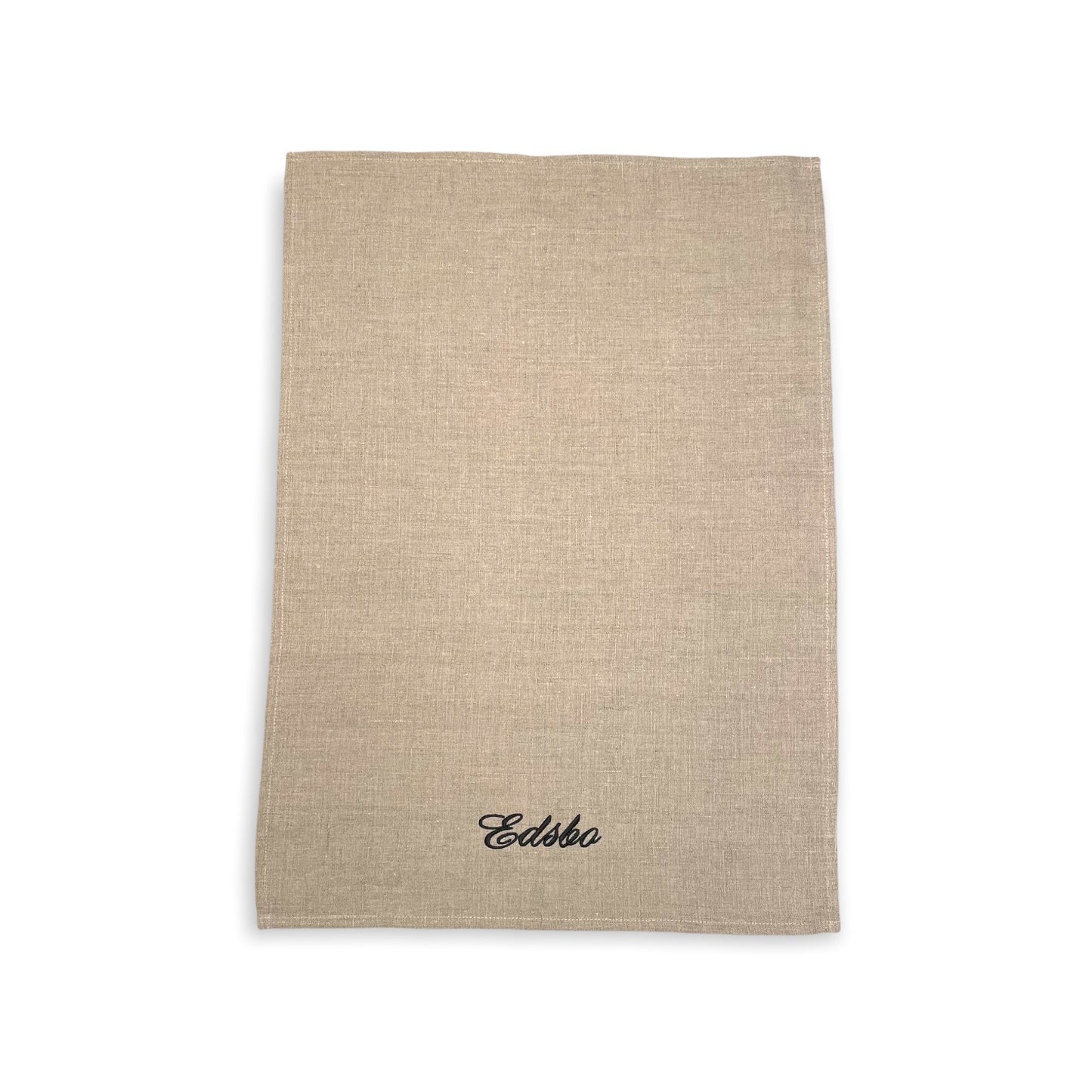 Linnehandduk med broderat namn. Handduken är av 100% linne och broderiet utförs på beställning. Här med svart text.