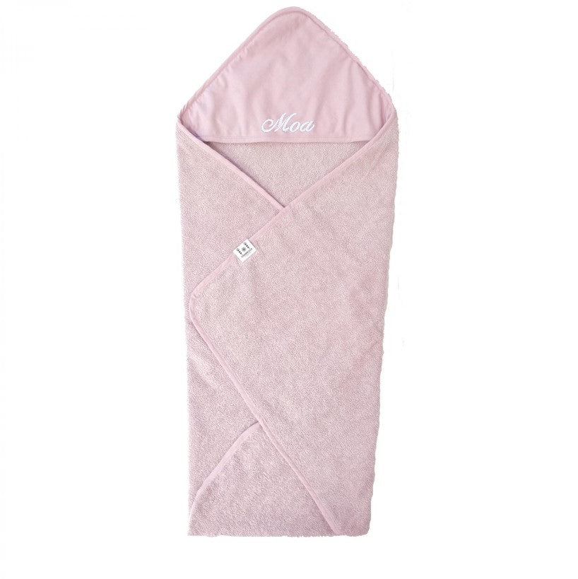 Baby handduk med luva och namn broderat. Ekologisk bomullsfrotté , rosa.