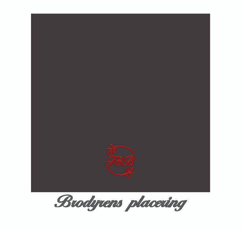 Visar placering av röd brodyr på en mörkgrå ovikt linneservett